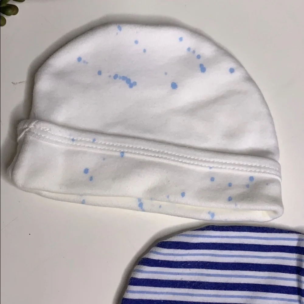 Two blue cotton stretch knit newborn hats beanie blue white
